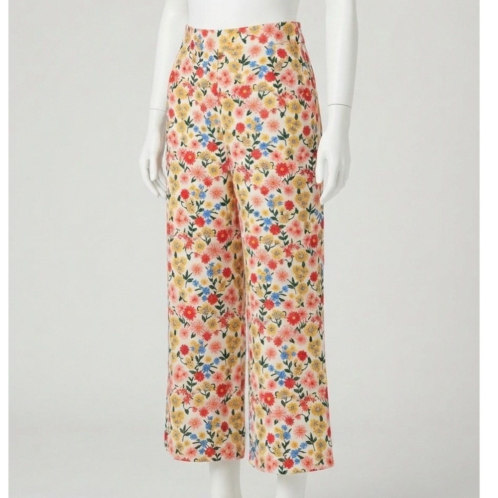 Antonio Melani Floral Embroidered Wide Leg Pants‎ White Pink Yellow Size 8